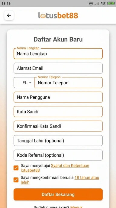 Tampilan halaman daftar lotusbet88